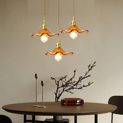 Art Nouveau Fluted Glass Pendant | Flower-Inspired Shade | H4.72in x D9.06-23.62in | Brass & Glass Craftsmanship | Brick by Brick