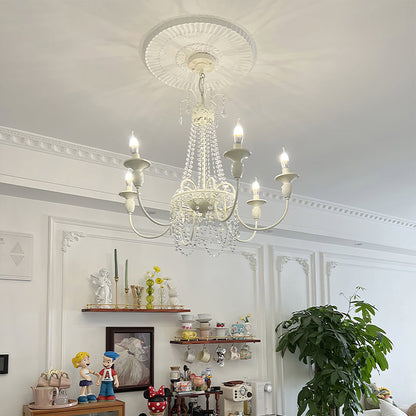 Vintage White Metal & Glass Chandelier | Crystal Tassel Ceiling Light, 4/6/8 Lamp | Brick by Brick