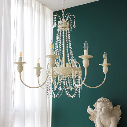 Vintage White Metal & Glass Chandelier | Crystal Tassel Ceiling Light, 4/6/8 Lamp | Brick by Brick