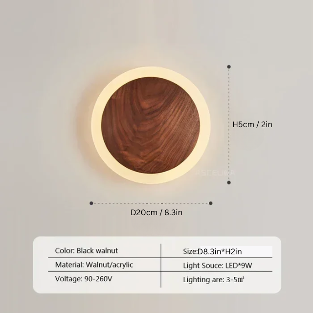 Modern LED Wall Lamp | 8.3 or 9.8 x 2in | Walnut Wood Finish | Minimalist Round Design | Brick by Brick