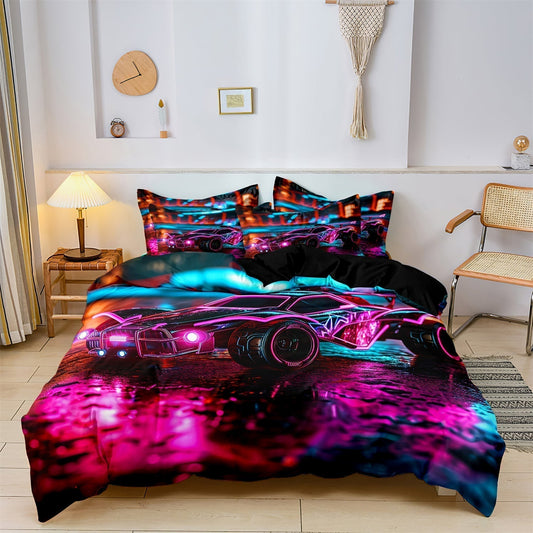 Racing Duvet Cover Set | 67.7 - 89.8 in | Neon Cyberpunk Sports Car Design | Soft Cotton Bedding | Brick by Brick