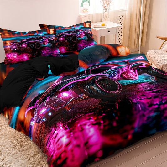 Racing Duvet Cover Set | 67.7 - 89.8 in | Neon Cyberpunk Sports Car Design | Soft Cotton Bedding | Brick by Brick