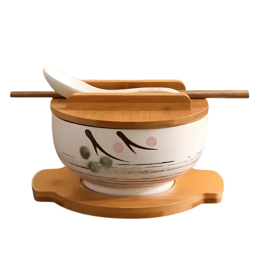 Japanese Handpainted Ramen Bowl Set | 40.5oz | Traditional Ceramic Bowl | Bamboo Lid & Wooden Tray | Brick by Brick