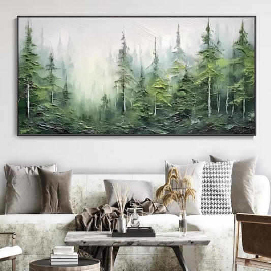 Mist Over Evergreens Wall Art | 46 - 110 in | Textured Forest Landscape Art | Nature-Inspired Wall Decor | Brick by Brick