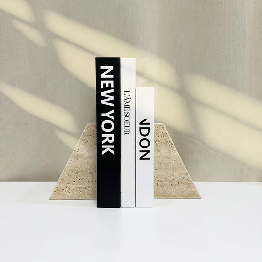 Natural Travertine Bookend | H 5.91 in | Modern Geometric Stone Decor | Minimalist Shelf Accent | Brick by Brick
