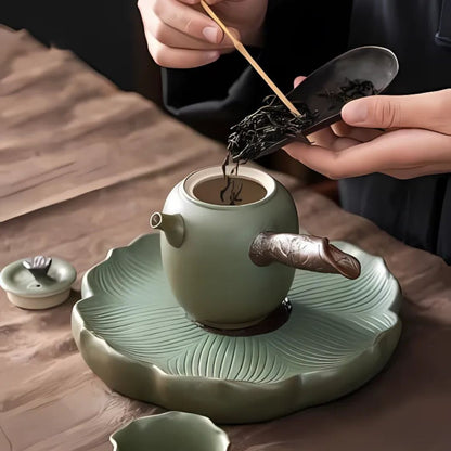 6-Piece Japanese Ceramic Teapot Set | Teapot: 6.1 × 3.6 in | Petal Side Grip Gongfu Tea Set | With Drainable Tray | Brick by Brick