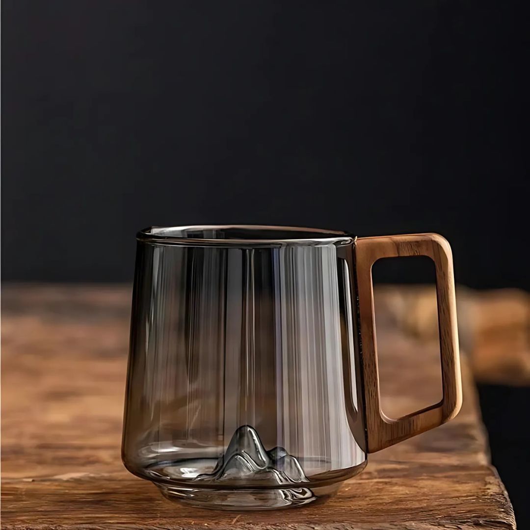 Guanshan Glass Cup | 3.9 in × 3.5 in | Wooden Handle | Smokey Gray | Artistic Mountain Base | Brick by Brick