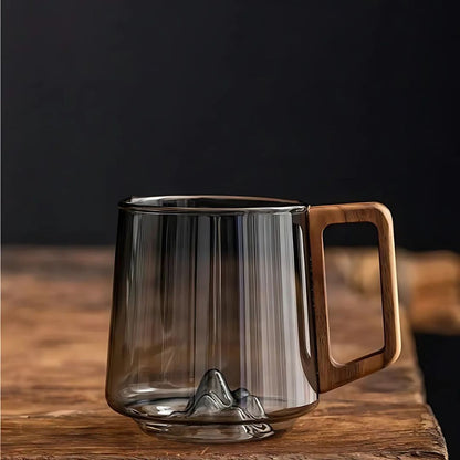 Guanshan Glass Cup | 3.9 in × 3.5 in | Wooden Handle | Smokey Gray | Artistic Mountain Base | Brick by Brick
