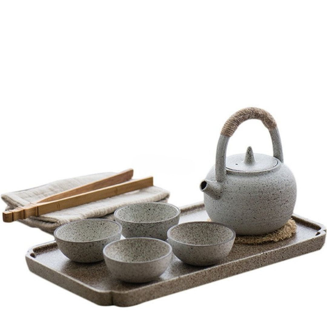 Japanese White Clay Wabi-Sabi Tea Set | Minimalist Frosted Ceramic Teapot with 4 Cups & Tray | Zen-Inspired Gift | Brick by Brick