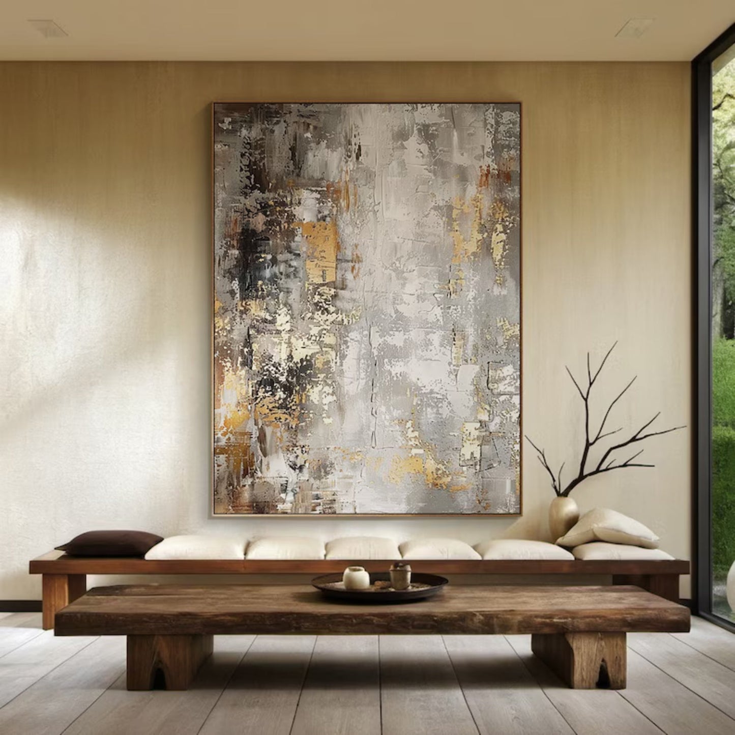 Abstract Luxe Textured Wall Art | Height 35 - 83 in | Neutral Modern Canvas Painting | Gold & Beige Accents | Brick by Brick