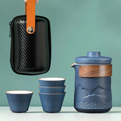 Travel Tea Set | 3.42 x 4.96 in | Ceramic Nested Pot & Cups | Bamboo Handle Design | Brick by Brick