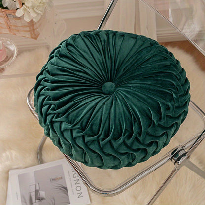 Round Velvet Cushion | 13.7 x 4.7 in | Pleated Velvet Design with Center Button | Decorative Modern Accent | Brick by Brick
