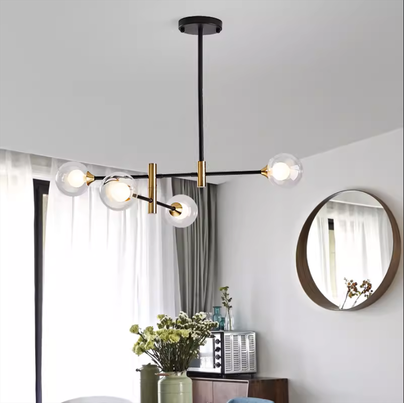 Round Glass Chandelier | 23.6–29.9 x 37 in Modern Ceiling Light | Iron Frame Ethereal Glow Fixture | Brick by Brick