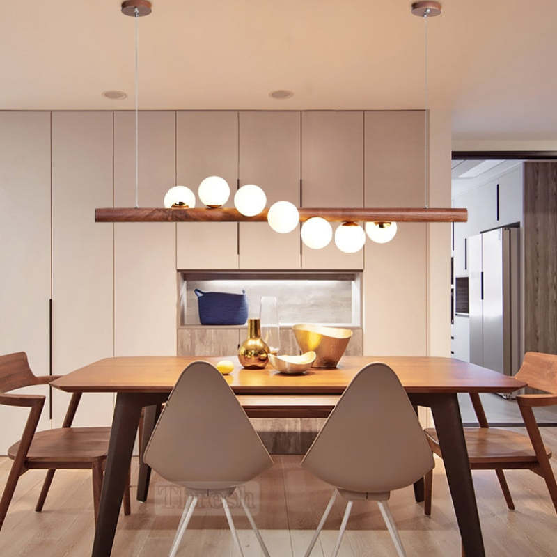 Glass Bubble Pendant Light | 31.5 - 47.2 in | Wood Walnut | Modern LED Ceiling Light | Living Room | Dining Room | Brick by Brick