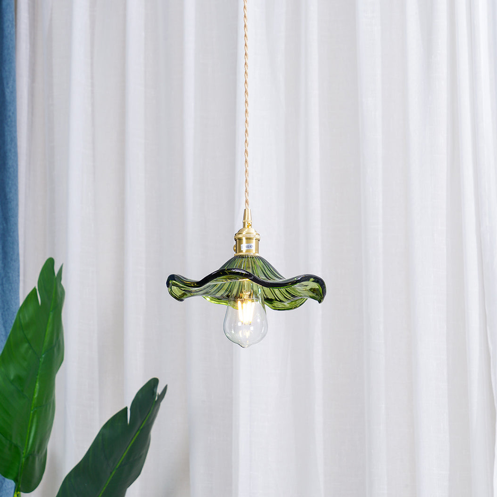 Art Nouveau Fluted Glass Pendant | Flower-Inspired Shade | H4.72in x D9.06-23.62in | Brass & Glass Craftsmanship | Brick by Brick