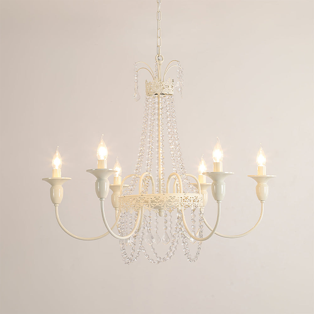 Vintage White Metal & Glass Chandelier | Crystal Tassel Ceiling Light, 4/6/8 Lamp | Brick by Brick