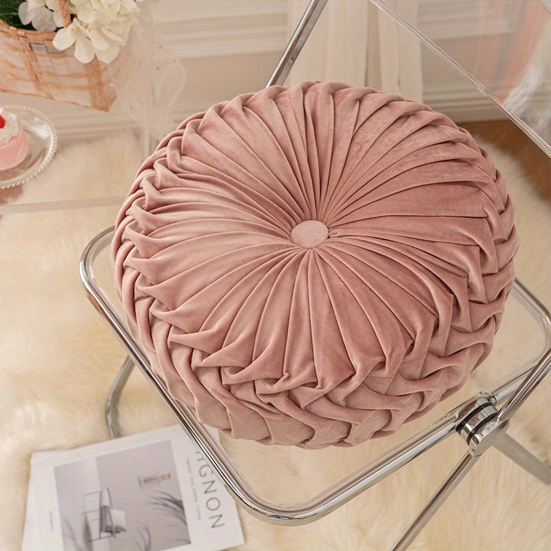 Round Velvet Cushion | 13.7 x 4.7 in | Pleated Velvet Design with Center Button | Decorative Modern Accent | Brick by Brick