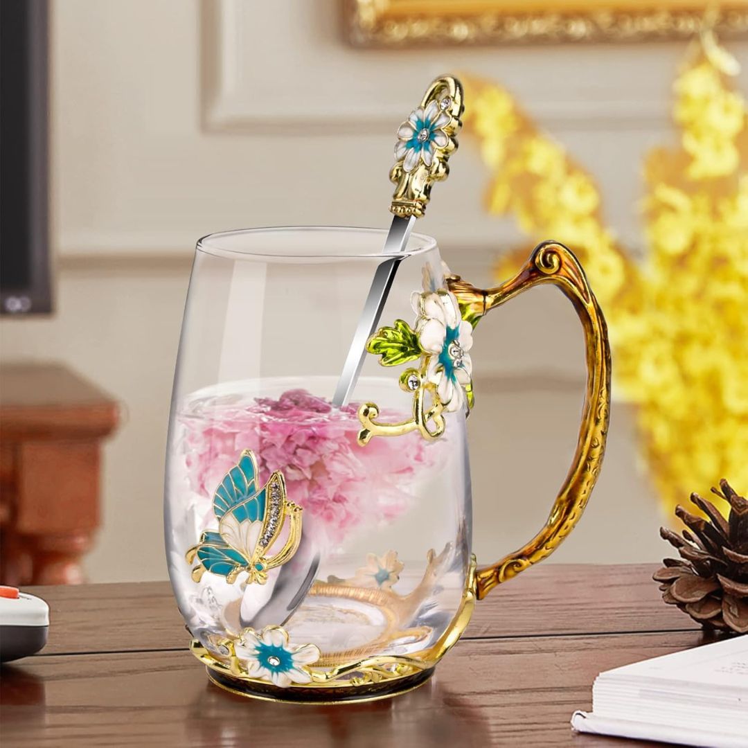 Glass Coffee Enamel Mug | 350ml | 3D Floral Glass Cup with Handle | Elegant Gift for Women | Brick by Brick