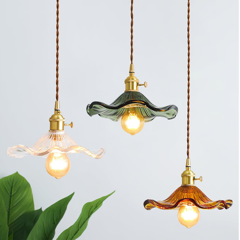 Art Nouveau Fluted Glass Pendant | Flower-Inspired Shade | H4.72in x D9.06-23.62in | Brass & Glass Craftsmanship | Brick by Brick