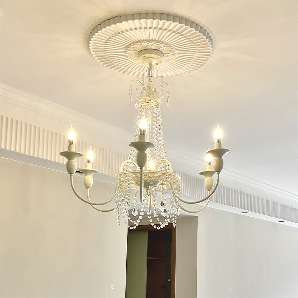 Vintage White Metal & Glass Chandelier | Crystal Tassel Ceiling Light, 4/6/8 Lamp | Brick by Brick