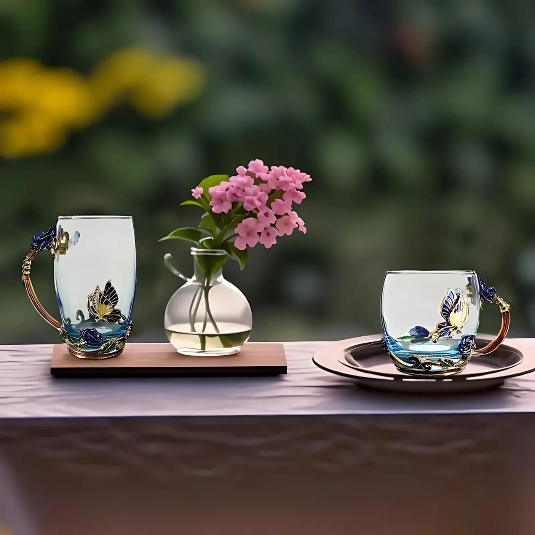 Glass Coffee Enamel Mug | 350ml | 3D Floral Glass Cup with Handle | Elegant Gift for Women | Brick by Brick