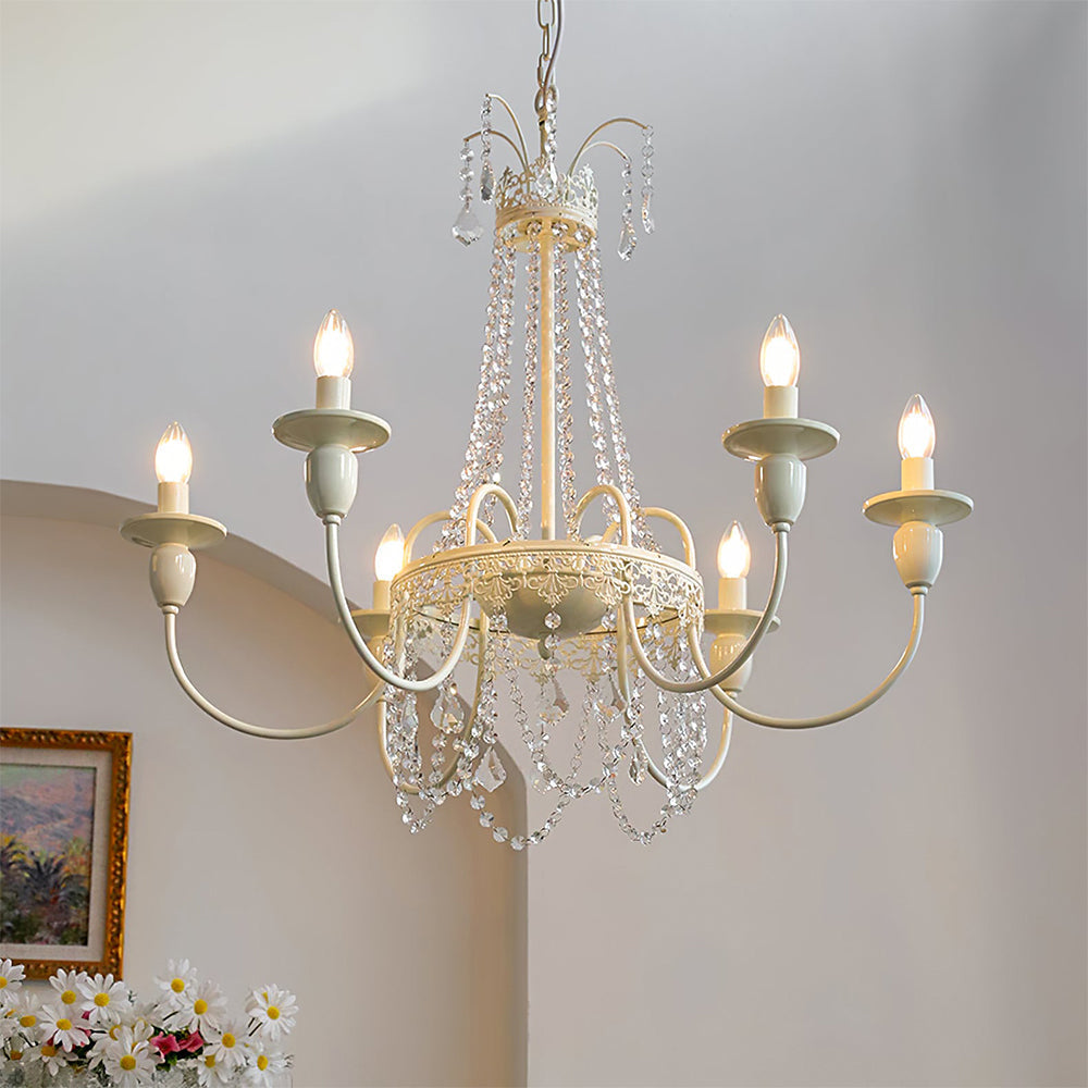 Vintage White Metal & Glass Chandelier | Crystal Tassel Ceiling Light, 4/6/8 Lamp | Brick by Brick