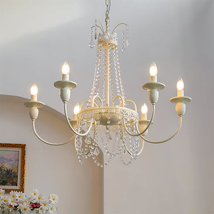 Vintage White Metal & Glass Chandelier | Crystal Tassel Ceiling Light, 4/6/8 Lamp | Brick by Brick
