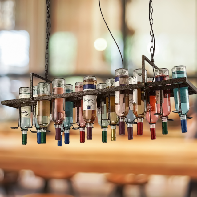 Retro Wine Bottle Pendant Lamp | H11.8 - H12.6 in | Vintage Loft Iron Chandelier | Bar Restaurant Cafe Hanging Light | Brick by Brick
