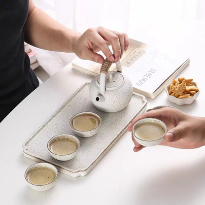 Japanese White Clay Wabi-Sabi Tea Set | Minimalist Frosted Ceramic Teapot with 4 Cups & Tray | Zen-Inspired Gift | Brick by Brick