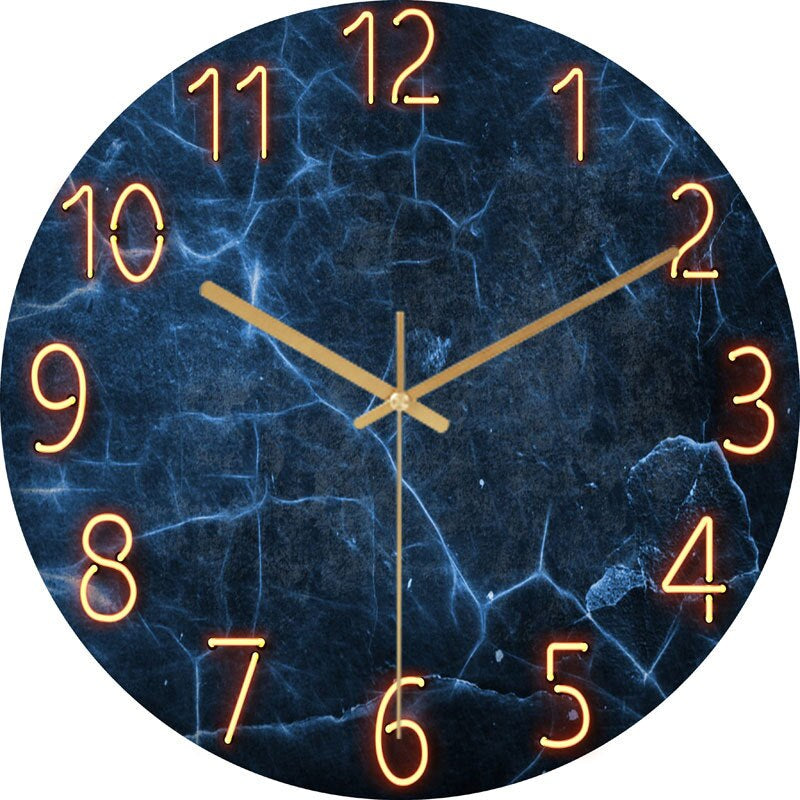 Modern Wall Clock | 11.8 in | Neon Numbers Blue Marble Design | LED Accent Timepiece | Brick by Brick