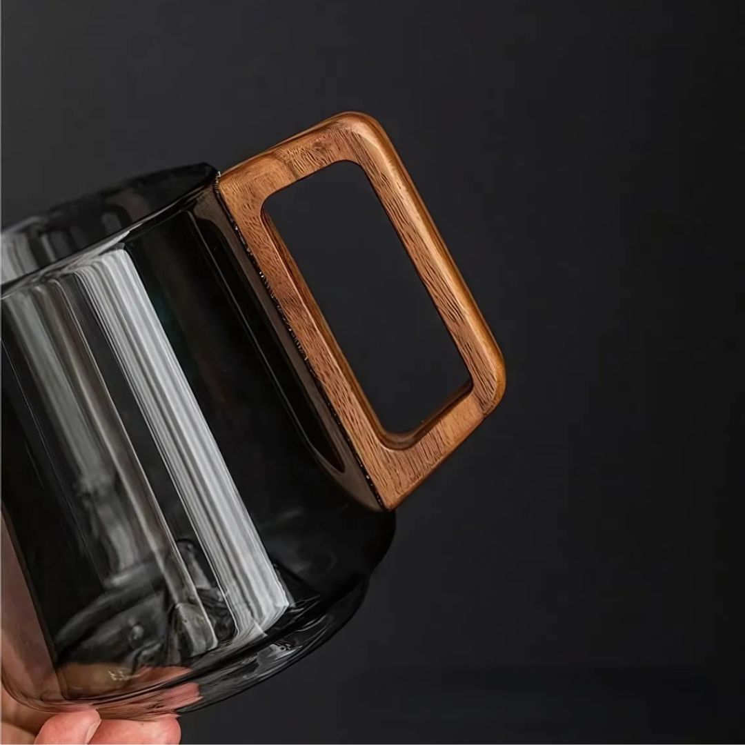 Guanshan Glass Cup | 3.9 in × 3.5 in | Wooden Handle | Smokey Gray | Artistic Mountain Base | Brick by Brick