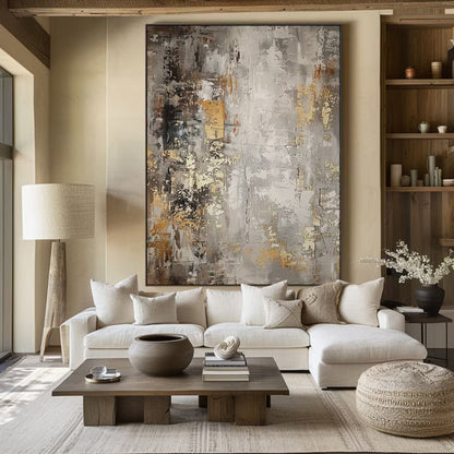 Abstract Luxe Textured Wall Art | Height 35 - 83 in | Neutral Modern Canvas Painting | Gold & Beige Accents | Brick by Brick