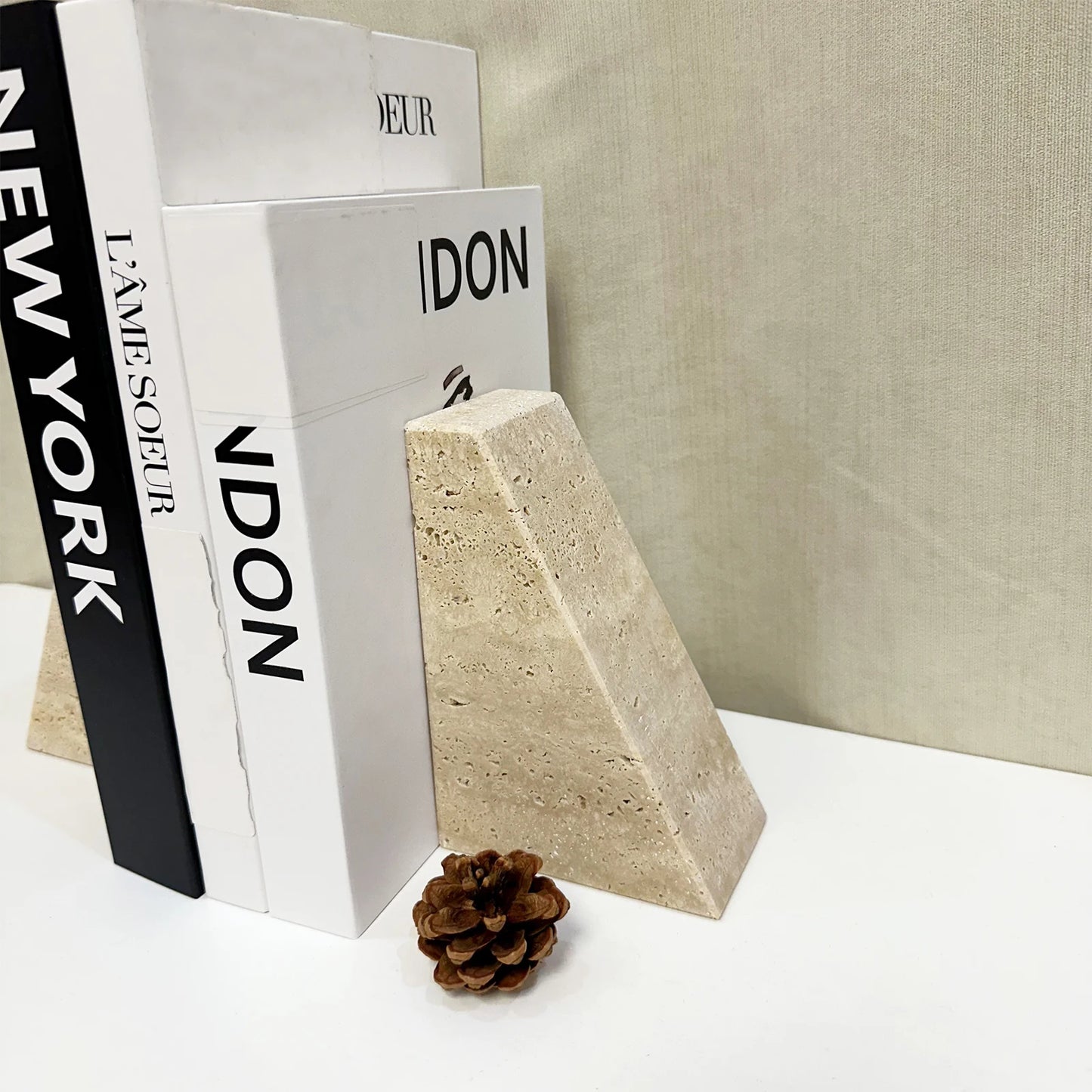 Natural Travertine Bookend | H 5.91 in | Modern Geometric Stone Decor | Minimalist Shelf Accent | Brick by Brick