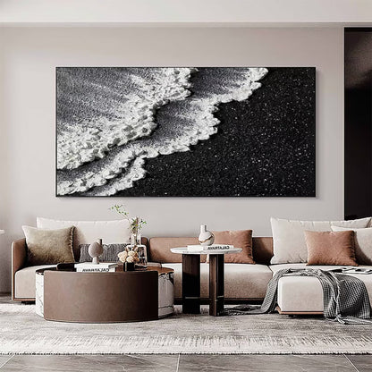 Lunar Shore Wall Art | 46 - 110 in | Textured Plaster Wave Art | Sculptural Coastal Wall Décor | Black & White Seascape | Brick by Brick