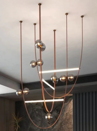 Modern Glass Ball Chandelier | Leather Strap Pendant Light | 6-Light Hanging Lamp for Dining & Living Room | Brick by Brick