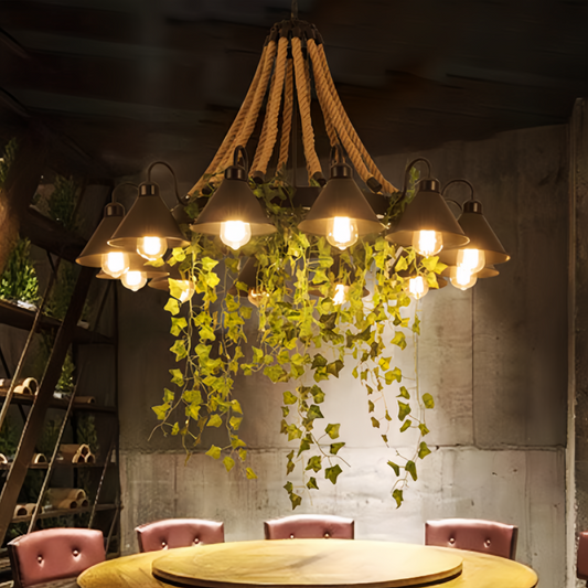 Vireo Retro LED Chandelier | Dia 34.6 - 43.3 in | Black Metal & Rope | 6 / 8 / 12 Bulbs | Brick by Brick