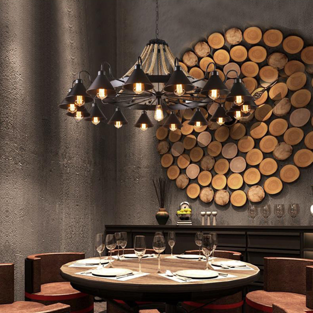 Vintage Industrial Rope Chandelier | 37.4/59 x 19.7 x 23.6 in | 9 or 17 Lights | Black Finish | Brick by Brick