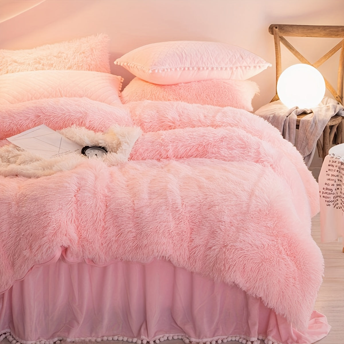 Plush Velvet Bedding Set | 3-4 Pieces Set 59 - 86.6 in | Soft Duvet Cover with Pompom Trim | Cozy & Elegant Bedroom | Brick by Brick