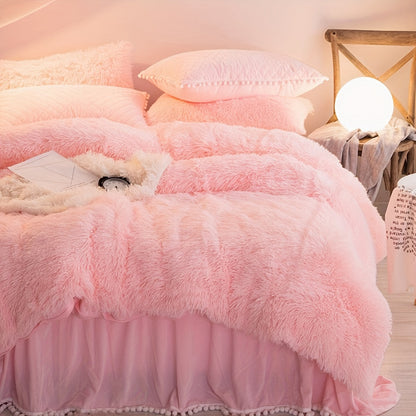 Plush Velvet Bedding Set | 3-4 Pieces Set 59 - 86.6 in | Soft Duvet Cover with Pompom Trim | Cozy & Elegant Bedroom | Brick by Brick