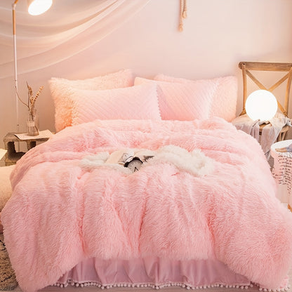 Plush Velvet Bedding Set | 3-4 Pieces Set 59 - 86.6 in | Soft Duvet Cover with Pompom Trim | Cozy & Elegant Bedroom | Brick by Brick