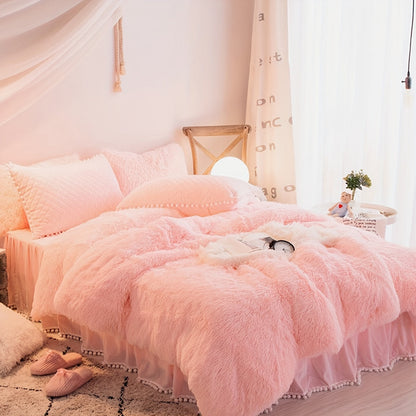 Plush Velvet Bedding Set | 3-4 Pieces Set 59 - 86.6 in | Soft Duvet Cover with Pompom Trim | Cozy & Elegant Bedroom | Brick by Brick