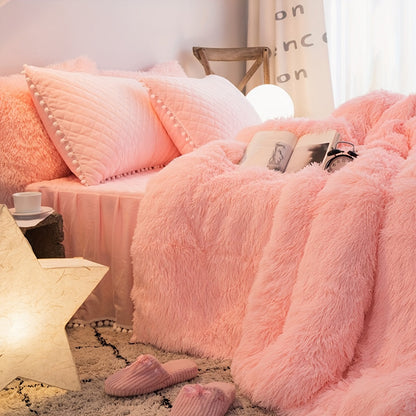 Plush Velvet Bedding Set | 3-4 Pieces Set 59 - 86.6 in | Soft Duvet Cover with Pompom Trim | Cozy & Elegant Bedroom | Brick by Brick