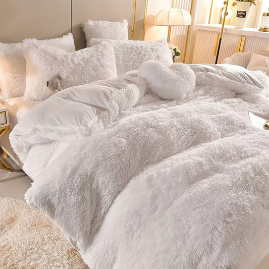 Plush Velvet Bedding Set | 3-4 Pieces Set 59 - 86.6 in | Soft Duvet Cover with Pompom Trim | Cozy & Elegant Bedroom | Brick by Brick