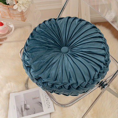 Round Velvet Cushion | 13.7 x 4.7 in | Pleated Velvet Design with Center Button | Decorative Modern Accent | Brick by Brick