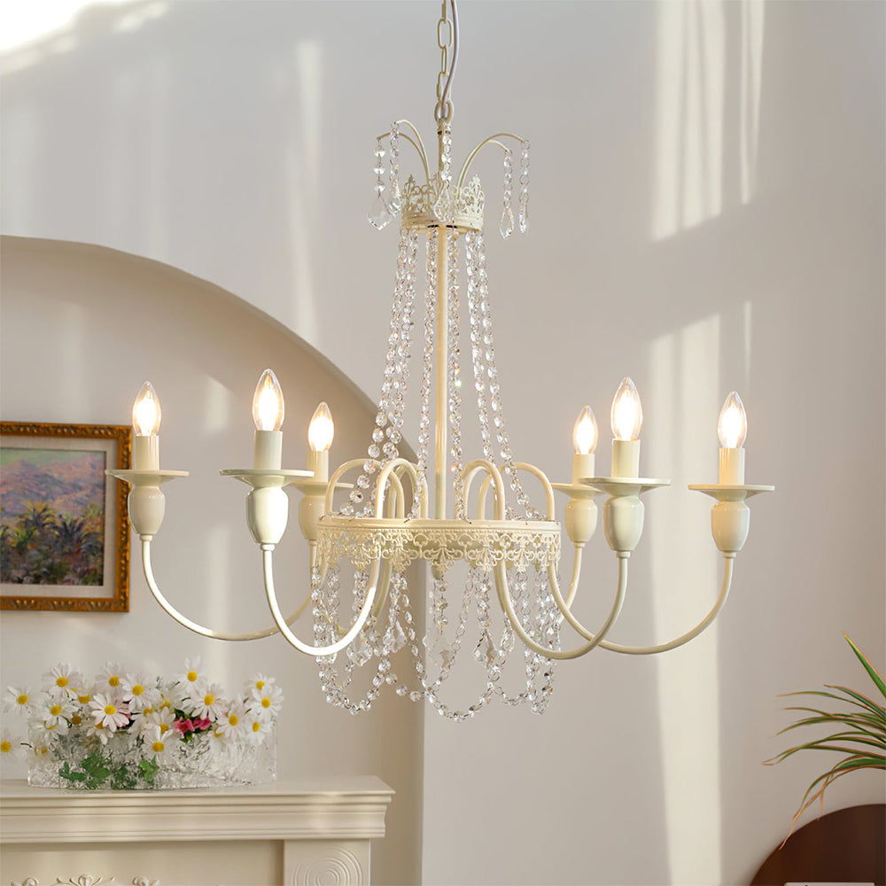 Vintage White Metal & Glass Chandelier | Crystal Tassel Ceiling Light, 4/6/8 Lamp | Brick by Brick