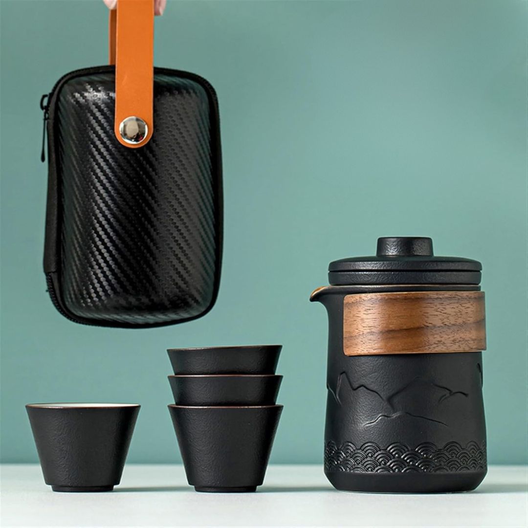 Travel Tea Set | 3.42 x 4.96 in | Ceramic Nested Pot & Cups | Bamboo Handle Design | Brick by Brick