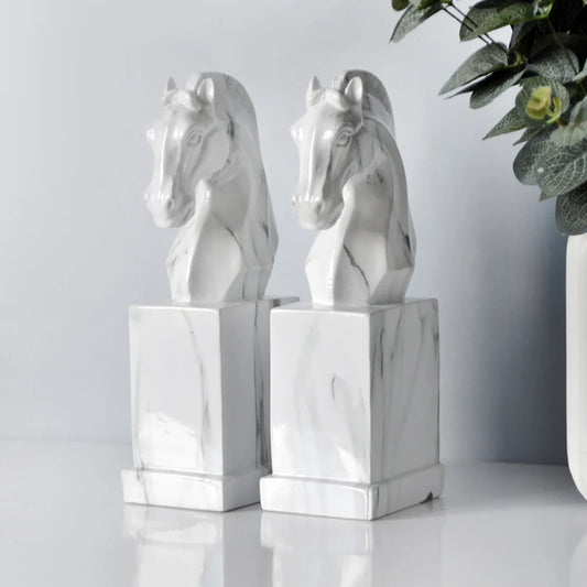 Quality Horse Bookend | H9.65 in | Marble-Like Resin Horse Head Statue | Elegant White Book Stand | Brick by Brick
