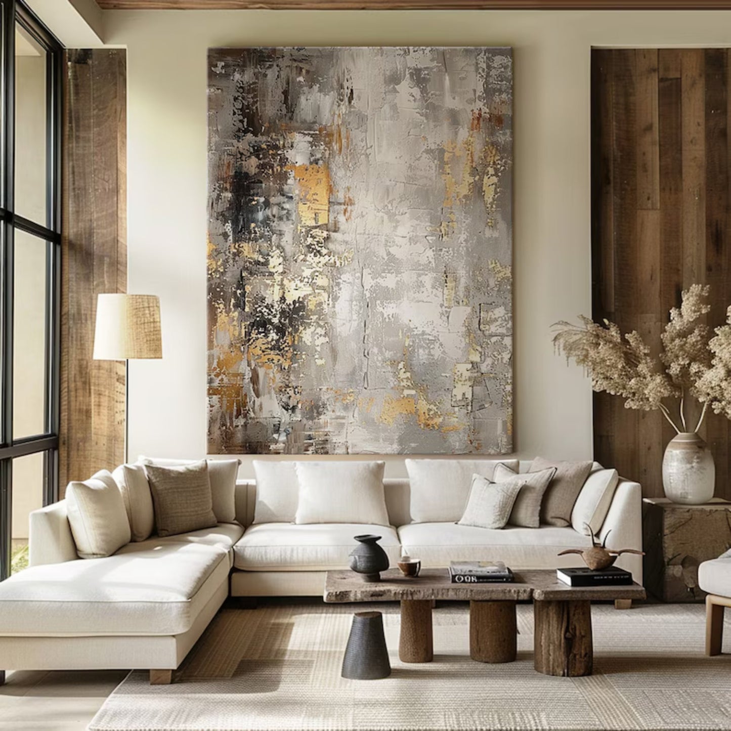 Abstract Luxe Textured Wall Art | Height 35 - 83 in | Neutral Modern Canvas Painting | Gold & Beige Accents | Brick by Brick