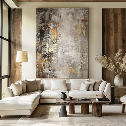 Abstract Luxe Textured Wall Art | Height 35 - 83 in | Neutral Modern Canvas Painting | Gold & Beige Accents | Brick by Brick