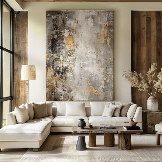 Abstract Luxe Textured Wall Art | Height 35 - 83 in | Neutral Modern Canvas Painting | Gold & Beige Accents | Brick by Brick